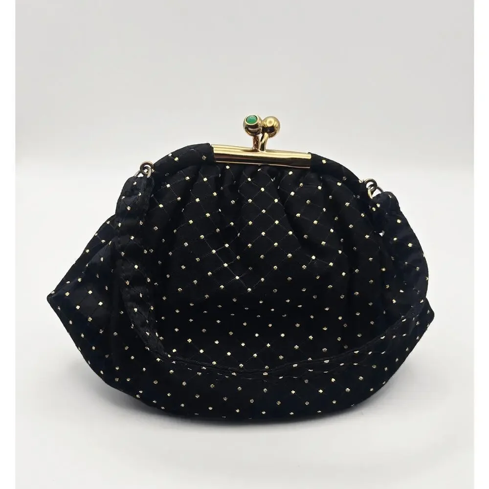 Frilo Vintage Black and Gold Polka Dot Clutch/Wristlet Purse